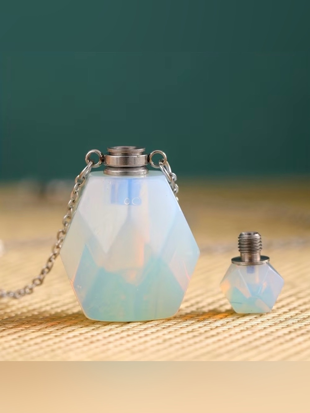New! Natural Stone Carved Essential Oil Vial Perfume Bottle Opalescent Necklace